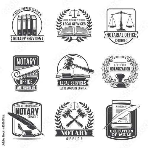 Notary service notarial office vector icons. Civil legal juridical rights, inheritance registration and court regulation. Legal support center, authorized certified notarization, wills execution signs