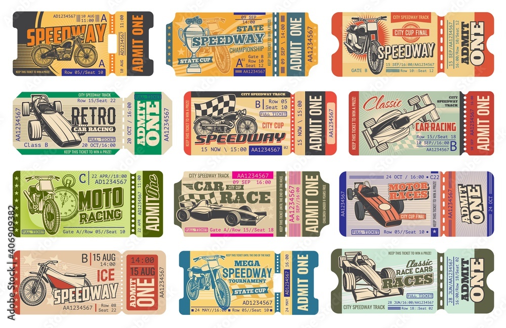 Speedway motorsport racing vintage tickets isolated vector templates. Retro cars and bike race event pass cards, paper coupons with perforated cut line. Speedway championship ticket control with dates