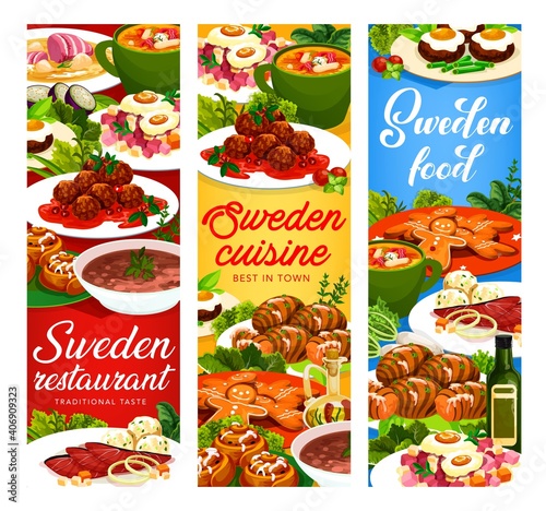 Sweden food vector salmon soup, pea soup and pittipanka, meatballs, kottbulars or potato hassel. Beefsteak a la lindstrom, beef soup elebsad, ginger cookie, cinnamon buns Swedish cuisine banners set