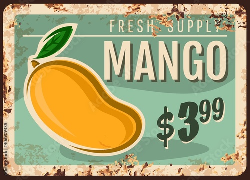 Mango rusty metal plate, vector fresh tropical fruit supply vintage rust tin sign, ferruginous price tag for market or store retail promo. Ripe mango exotic fruit, healthy organic orchard nutrition