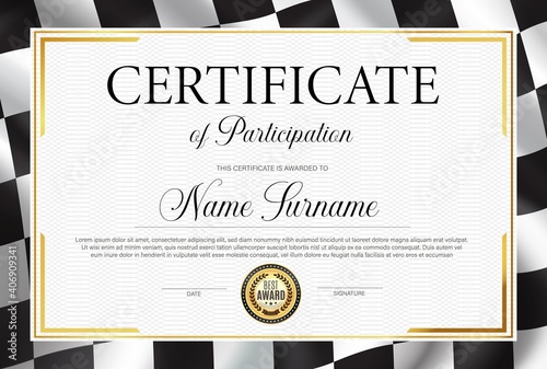 Certificate of participation, diploma vector template with black and white chequered rally flag. Racing victory success celebration diploma for best result achievement. Race winner award border design