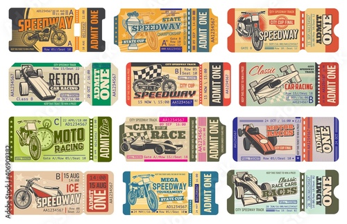 Speedway motorsport racing vintage tickets isolated vector templates. Retro cars and bike race event pass cards, paper coupons with perforated cut line. Speedway championship ticket control with dates