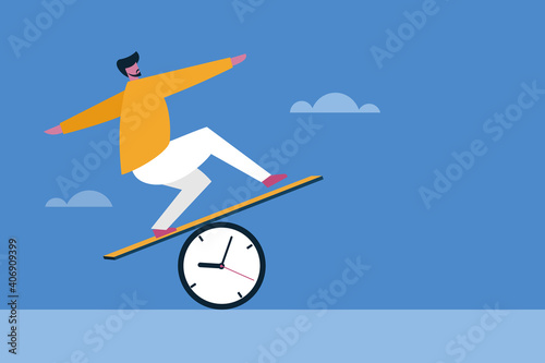 Conceptual illustration of a man moving ahead by a balanced walk on a clock