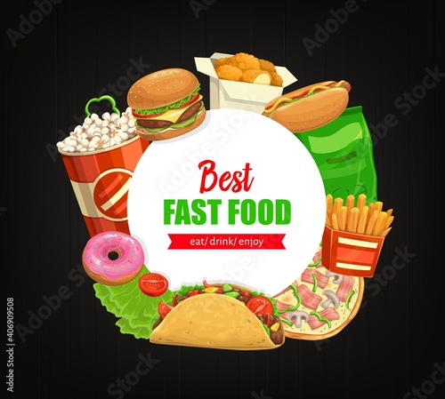 Fast food round banner vector popcorn, cheeseburger and nuggets with hot dog. Chips, french fries and pizza with mushrooms and bacon, tacos, donut and vegetables. Cartoon frame with street combo meals