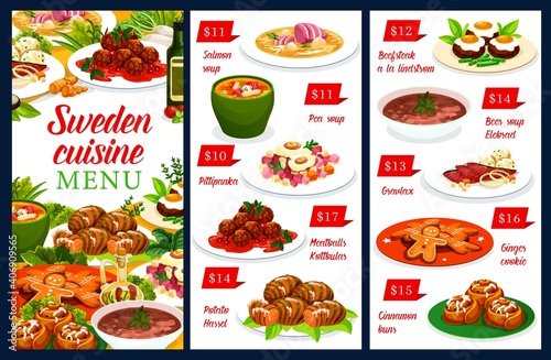 Sweden meals vector menu salmon and pea soup, pittipanka and meatballs kottbulars, potato hassel. Beefsteak a la lindstrom, beef soup elebsad and gravlax, ginger cookie, cinnamon buns Swedish cuisine