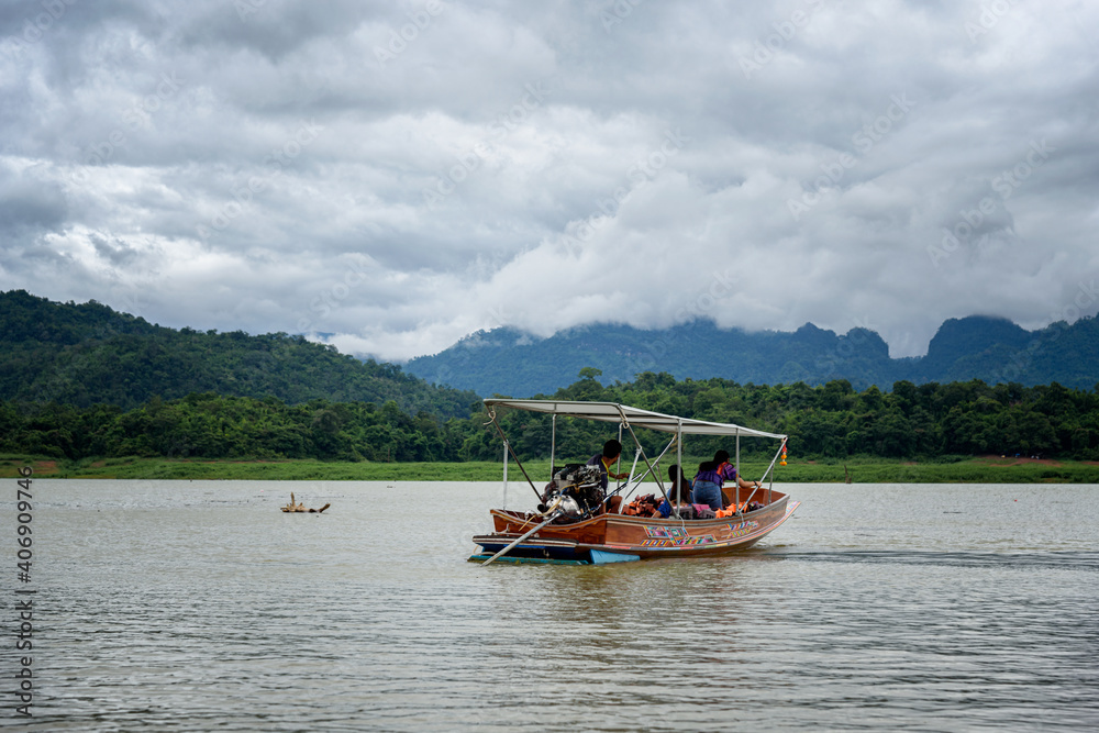 The scenery of the boat travel along in Sangkhla Buri, Kanchanaburi, Thailand.