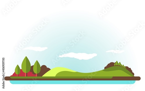 Cartoon and colorful landscape with mountains and forest in flat style. Background for your design. Vector illustration.