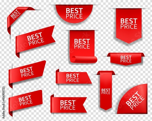 Best price web tag, banner and corners. Sale promotion, shopping discounts offer or store goods price tags templates. Red ribbons, glossy fabric bookmarks, stickers for web page 3d realistic vector