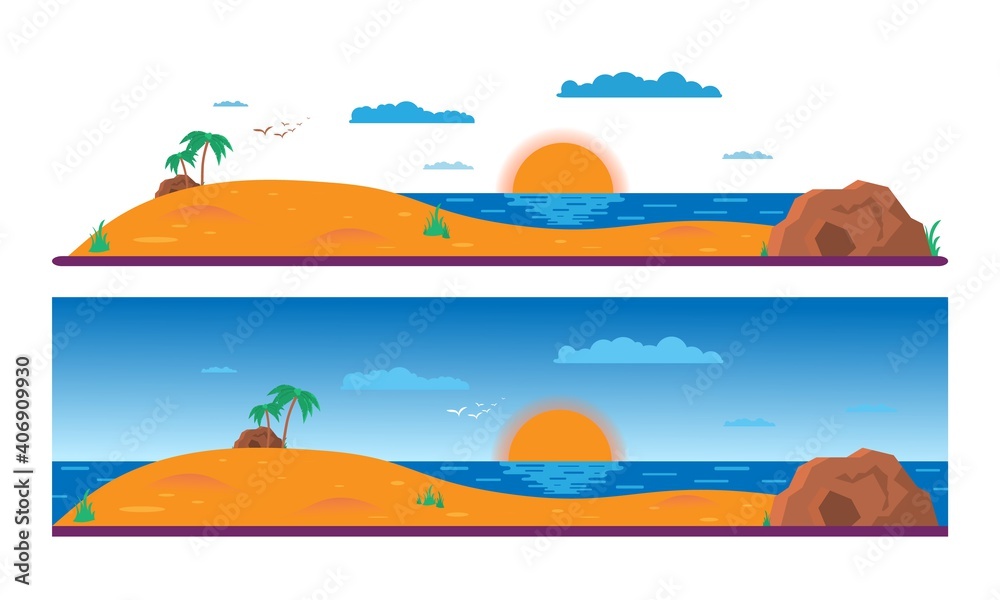 Summer background - sunset beach. Sea and a palm tree. Modern flat design. Vector illustration.