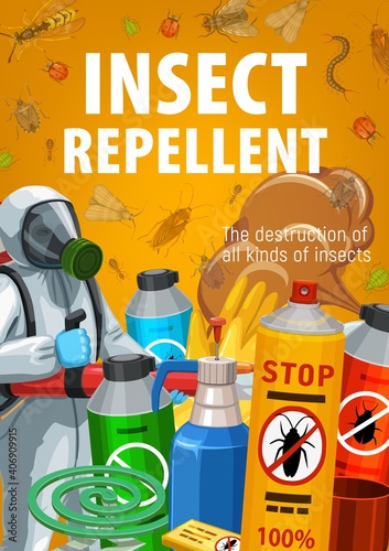 Insect repellents for home disinfection and pest control banner. Worker in chemical protection suit and gas mask holding fumigation machine, insecticide spray and mosquito coil repellent vector