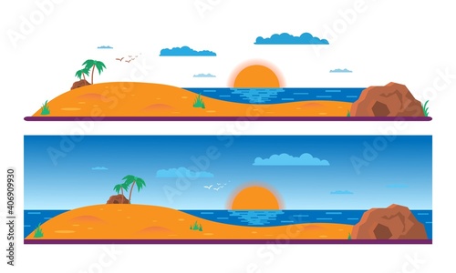 Summer background - sunset beach. Sea and a palm tree. Modern flat design. Vector illustration.