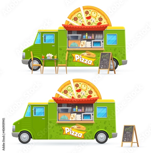 Pizza food truck isolated vector car, cartoon green van for street junk food selling. Cafe or restaurant on wheels, transportation with fastfood chalkboard menu, oven for cooking meals and tableware