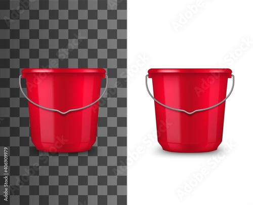 Red plastic bucket realistic mockup. Household or garden bucket with glossy surface and metal wire bail handle 3d vector template. Pail for house cleaning, gardening or water carrying