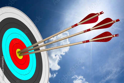 Arrow and target on sky background. 3D illustration