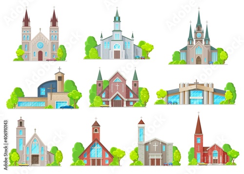 Catholic church buildings vector icons. Cathedral, chapels and monastery facades. Medieval and modern churches design, christian evangelic religious architecture exterior isolated cartoon symbols set