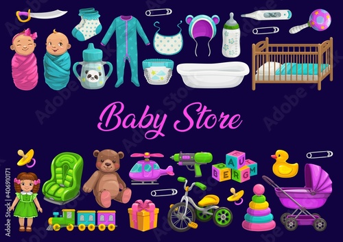 Baby store or toys shop, newborn kids gifts and care, vector poster. Boys and girls kids toys store and healthcare items, newborn pacifier and child bath duck, pram stroller, thermometer and diapers