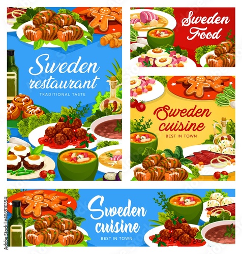 Sweden dishes vector beefsteak a la lindstrom, beef soup elebsad and salmon soup. Pittipanka, meatballs kottbulars, potato hassel and gravlax with ginger cookie or cinnamon buns Swedish food posters