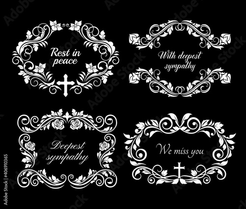 Funeral and obituary condolence card with flowers wreath and RIP message, vector floral frames. Funeral and death memory black banner with cross and roses, memorial ceremony and Rest in Peace ribbon