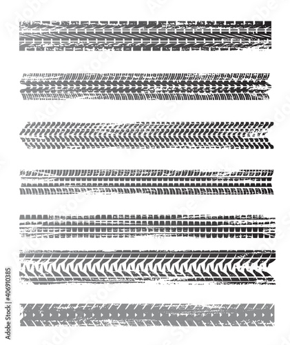 Car tires print, vehicle wheel dirty treads. Truck or motorcycle rubber marks vector. Transport and motorsport design elements with car tire black trails, automobile protector grungy traces