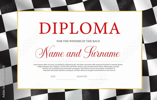 Race winner diploma, vector certificate template. Racing award border design with black and white chequered flag. Rally victory success celebration diploma for participation or best result achievement