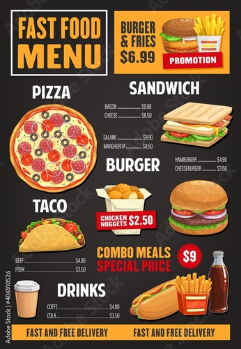 Fast food menu vector template, takeaway dishes pizza with salami, hot dog, french fries or burgers, sandwich and chicken nuggets with hot and cold drinks. Combo meals, junk food dishes and beverages