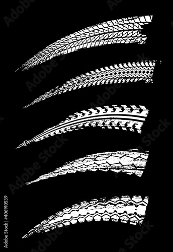 Car tires print, motorcycle wheel skid marks. Car tire dirty treads, bike wheel grungy trails and vehicle protector rubber traces vector. Transport and motorsport design elements with rubber tracks