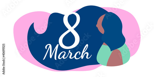 March 8 postcard for International Women's Day. black woman. beautifully flowing hair. Flat style