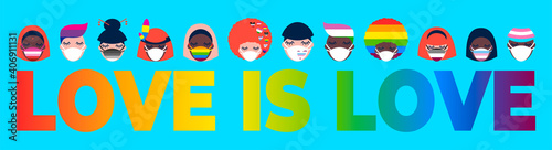 people of different nationalities in medical face masks. LGBTQ Pride Month. Coronavirus pandemic. Covid-19 love is love. happy pride day. rainbow flag. Valentine's Day