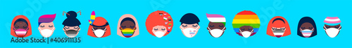 people of different nationalities in medical face masks. LGBTQ Pride Month. Coronavirus pandemic. Covid-19