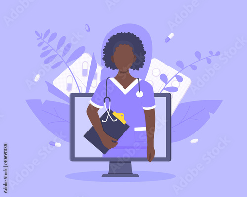 Online doctor medical service concept with doctor in the monitor screen vector illustration. Telemedicine web consultation for patients health care check ups and taking medicine prescription pills.