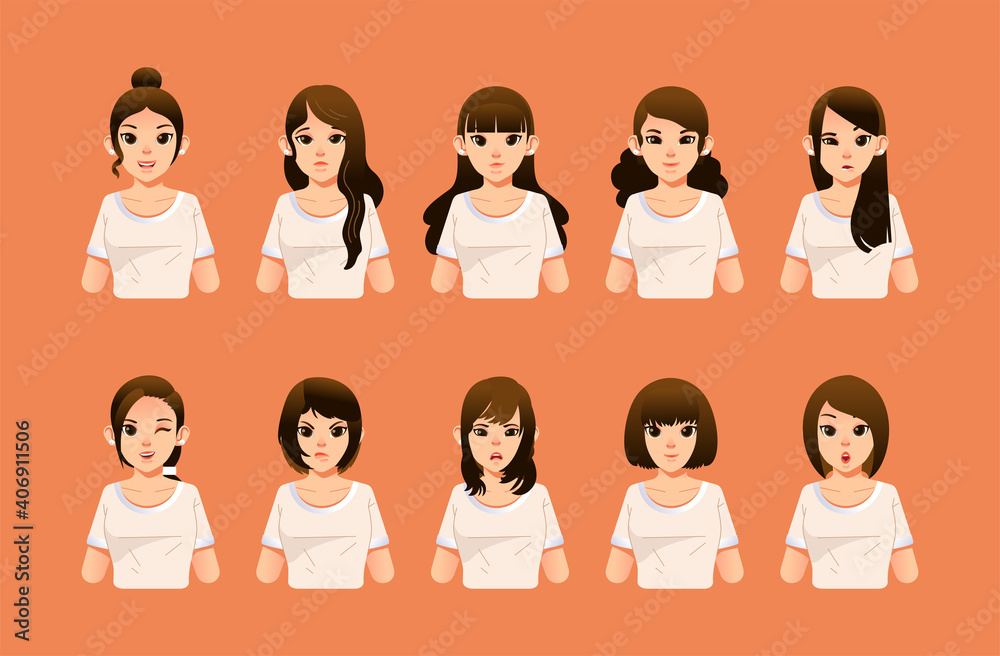 set of woman character with different hair styles and facial expression front side flat vector illustration set of woman character with different hair styles and facial expression front side flat vector illustration