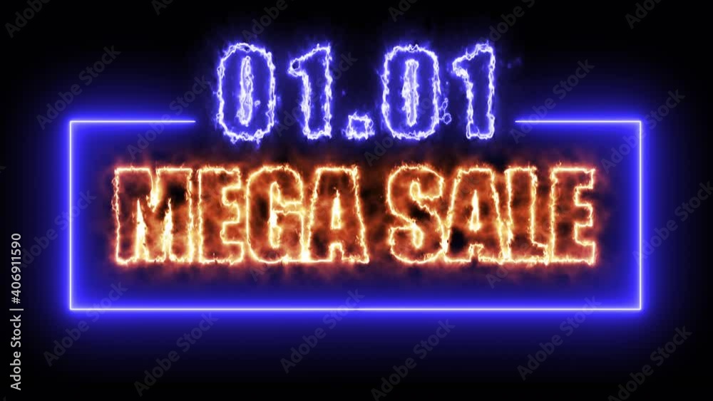 01.01 Mega sale colorful neon blaze sign banner in black background for promote video. concept of promotion brand sale 01.01 Mega sale colorful neon blaze sign banner in black background for promote video. concept of promotion brand sale