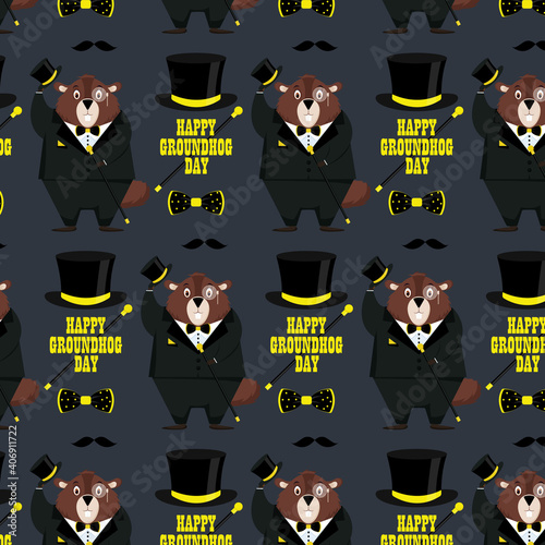 Happy Groundhog Day. Pattern of a groundhog in a tuxedo, top hat, bow tie, with a cane in his hand on a yellow background.Vector illustration.