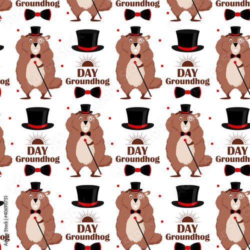 Happy Groundhog Day. Pattern of a groundhog in a tuxedo, top hat, bow tie, with a cane in his hand on a white background.Vector illustration.
