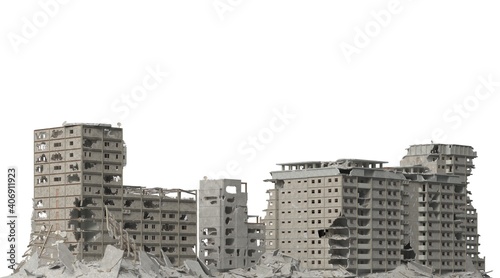 Tela Ruined buildings isolated on white 3d illustration