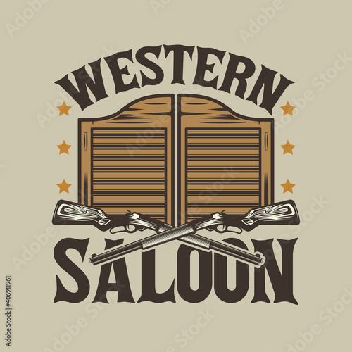 Western saloon door and cowboy hat