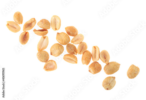 Salted roasted peanuts isolated on a white background, top view.