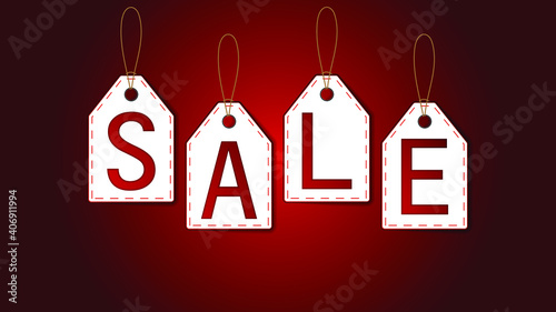 Sale poster on red and white tags with shadows and recessed letters hanged on a wire EPS 10, editable
