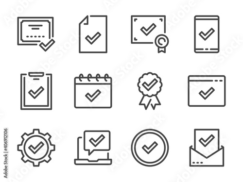Approve and Checkmark line icons. Confirmation and Acceptance vector outline icon set.