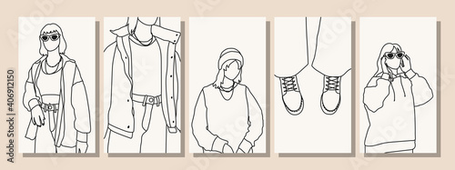 Hand drawn abstract woman faces in line art style, set of trendy posters, modern minimalism art, aesthetic contour