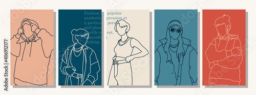 Hand drawn abstract woman faces in line art style, set of trendy posters, modern minimalism art, aesthetic contour