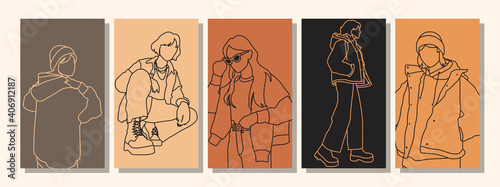 Hand drawn abstract woman faces in line art style, set of trendy posters, modern minimalism art, aesthetic contour