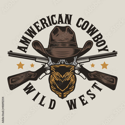 Wild west bandit skull with cowboy hat and guns
