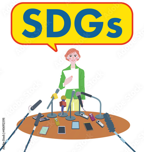 SDGsについて記者会見するスーツの男性　イラスト
