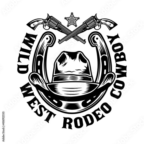 Horseshoe and cowboy hat with guns