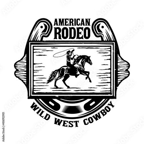 Wild west wooden board with cowboy in horse and horseshoe