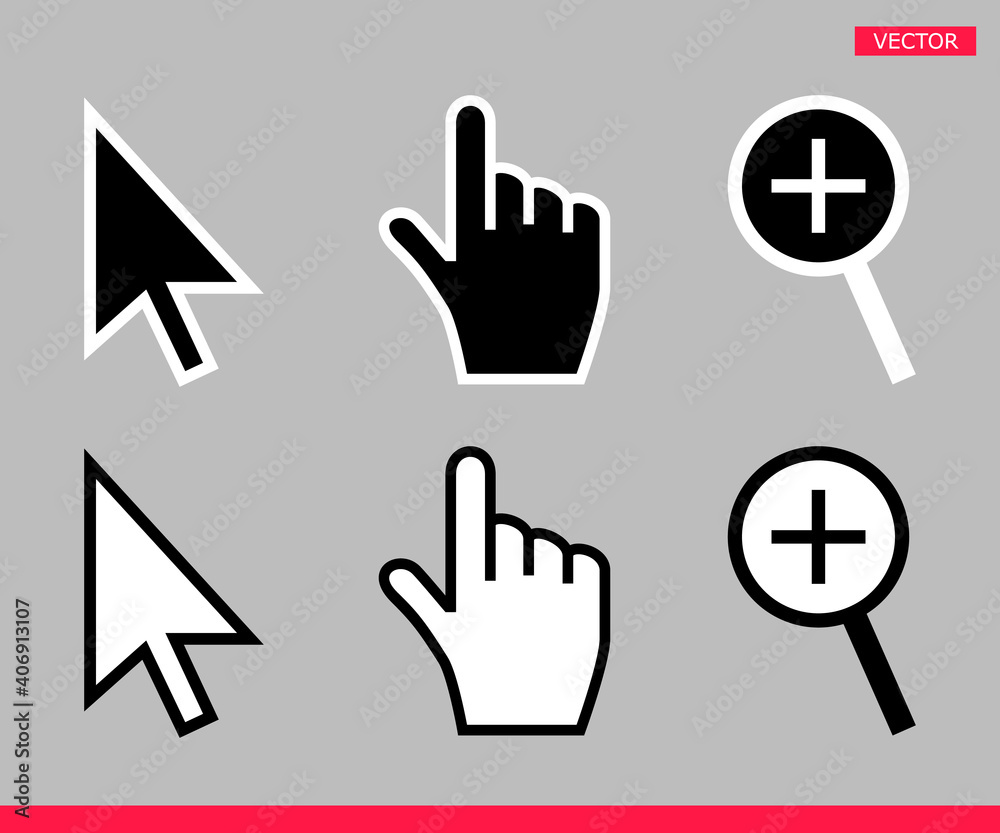 Black and white arrow, hand and magnifier mouse cursor icons vector illustration set flat style design isolated on white background. Black and white arrow, hand and magnifier mouse cursor icons vector illustration set flat style design isolated on white background.