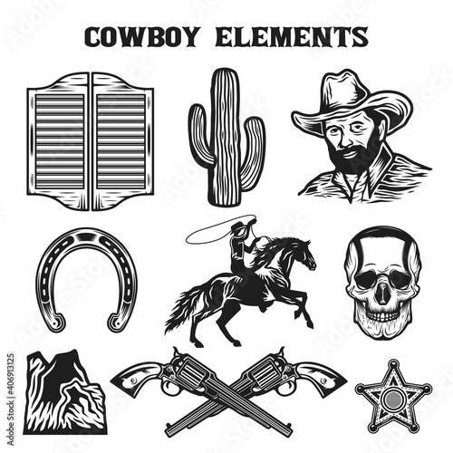 Vintage Wild west cowboy elements collection set