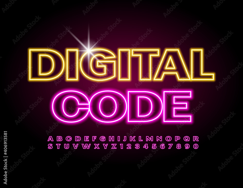 Vector techno sign Digital Code. Electric bright Font. Glowing Neon Alphabet Letters and Numbers set