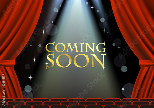 Illustration of a stage illuminated by a red curtain and spotlights. Text. Vector illustration.